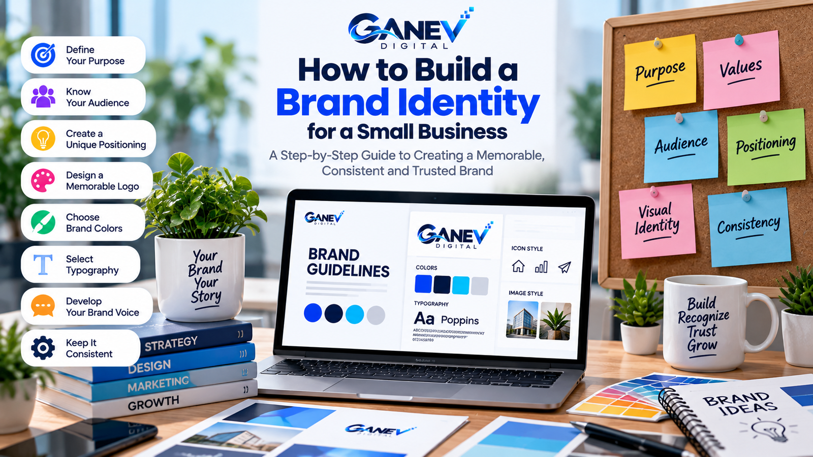 How to build a brand identity for a small business with logo design, brand colors, typography and brand guidelines