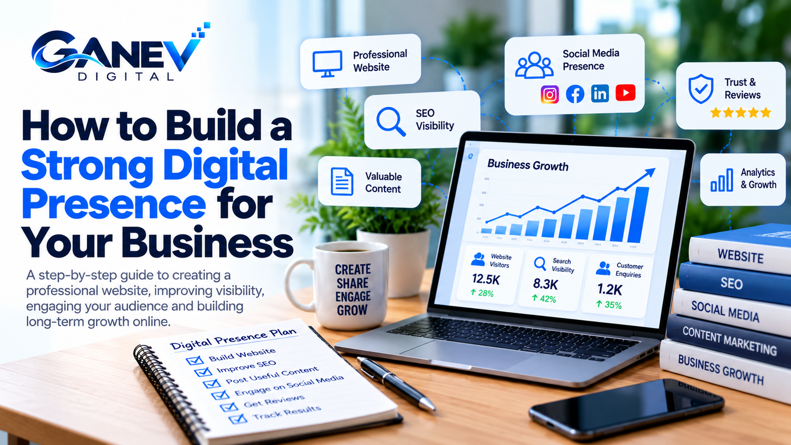 How to build a strong digital presence through website design, SEO, social media, content marketing and business analytics