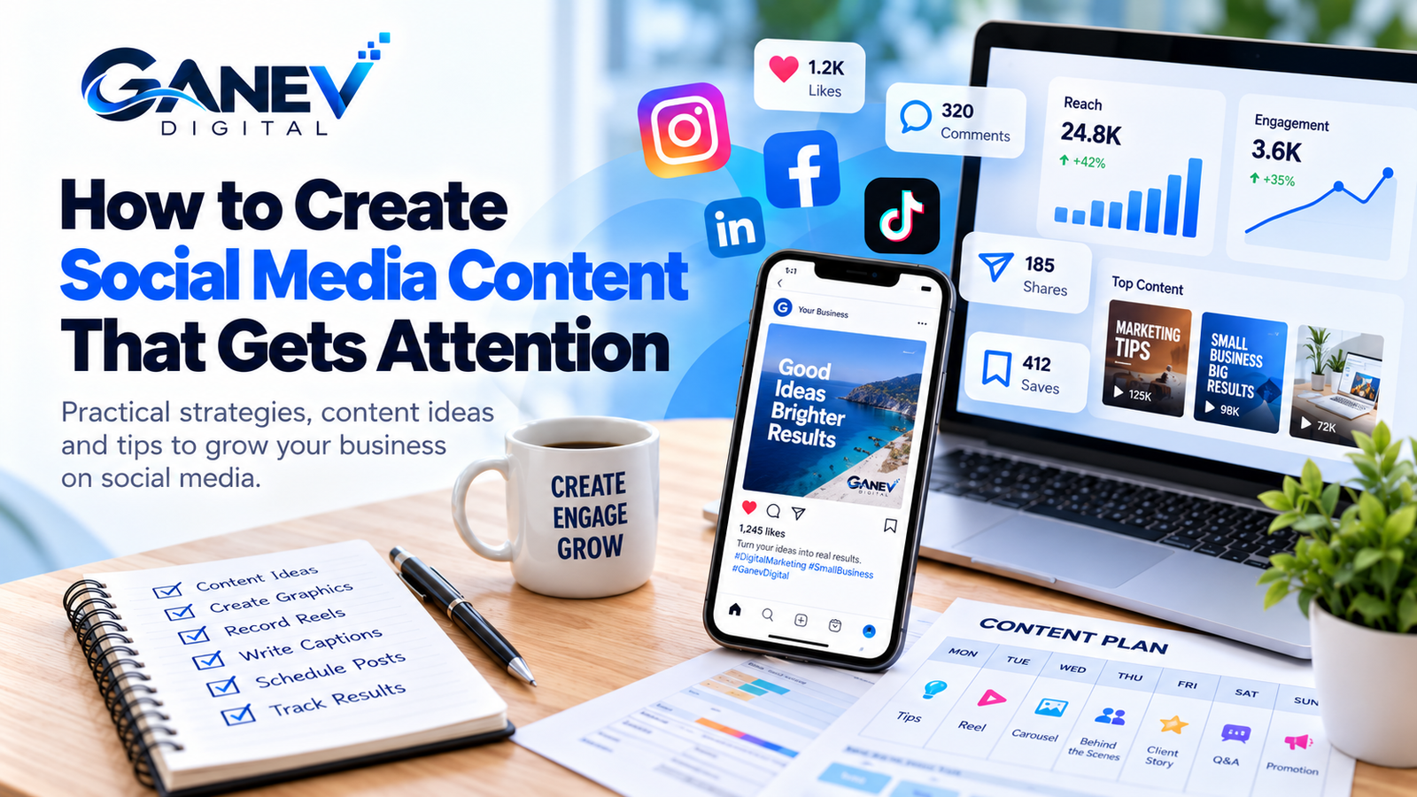 Ganev Digital social media content strategy featuring content planning, social media posts, engagement metrics and analytics