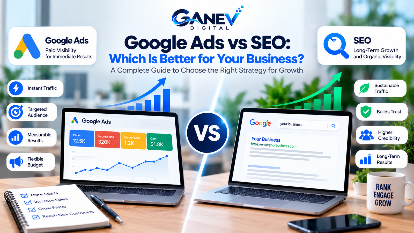 Google Ads vs SEO comparison showing paid advertising and long-term organic search growth