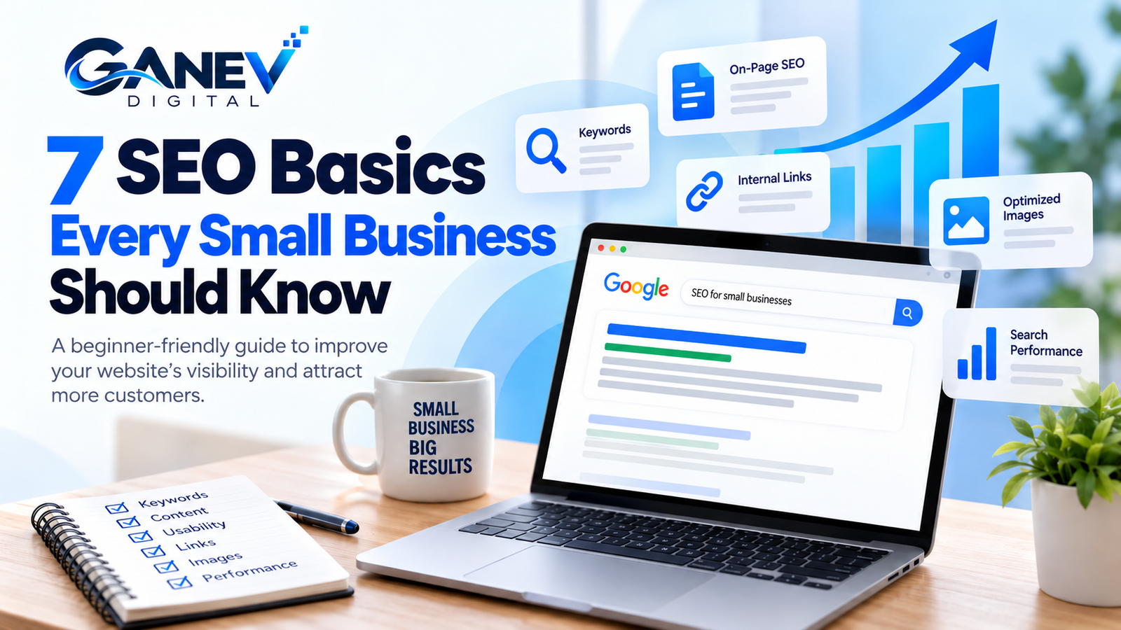 Ganev Digital guide to seven SEO basics for small businesses, featuring keyword research, on-page SEO, internal linking, image optimization and search performance