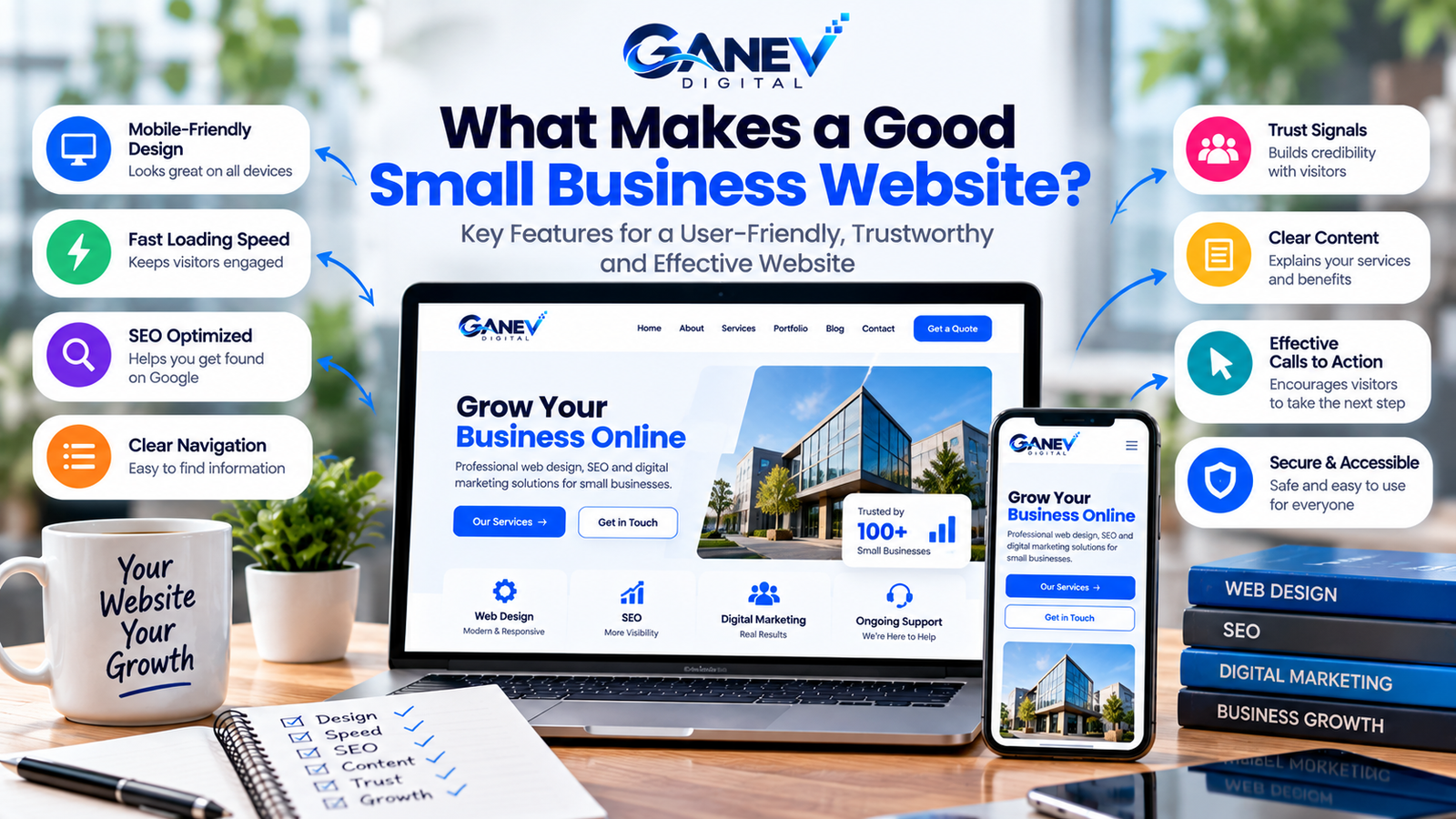 Key features of a good small business website, including responsive design, fast loading, SEO, user-friendly navigation, trust signals and clear calls to action
