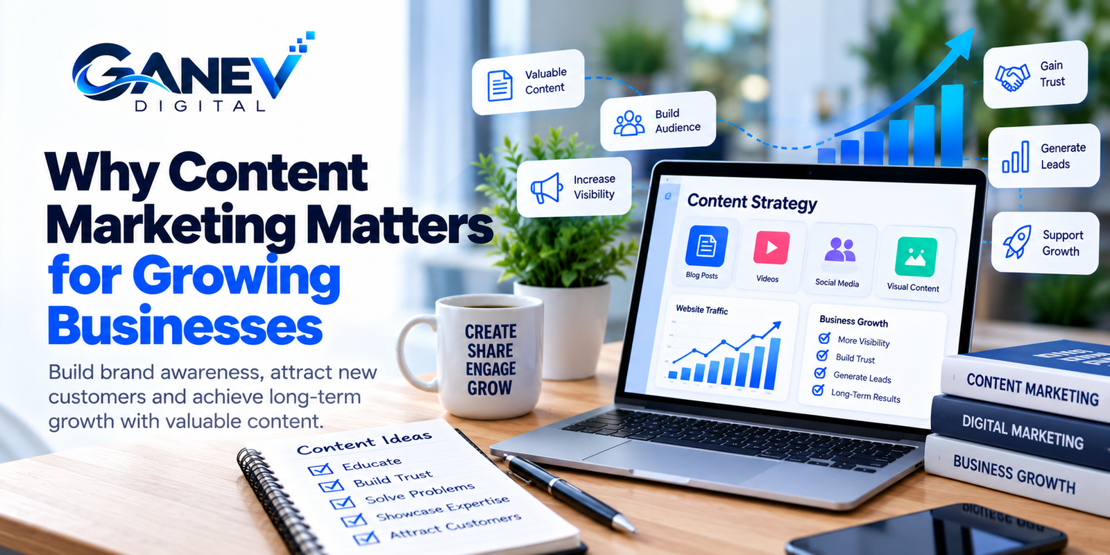Why content marketing matters for growing businesses, featuring content strategy, website traffic, brand trust and business growth by Ganev Digital